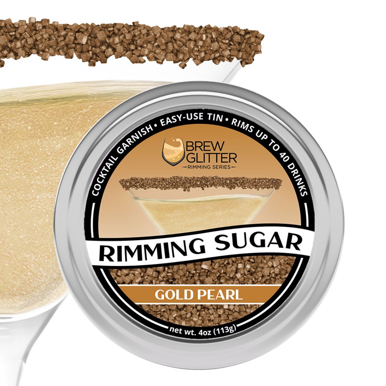 Brew Glitter - Gold Pearl Rimming Sugar (4oz, 1x Bar Tin) Cocktail Garnish for Mixed Drinks & Refreshments